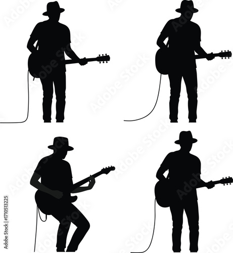 PrintSilhouette musician playing electric and acoustic guitar with cowboy hat performing live concert isolated on white background vector illustration design