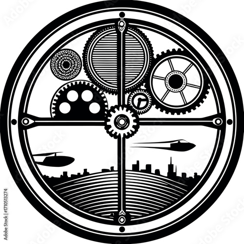Circular emblem with gears and cityscape cogs clockwork