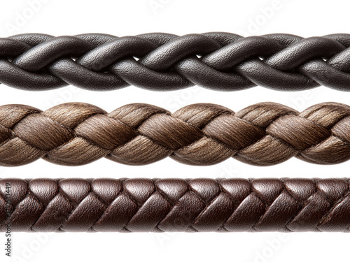 Three luxurious braided cords, showcasing rich leather and textured rope in elegant brown and black tones, perfect for premium product design and artisanal crafts.