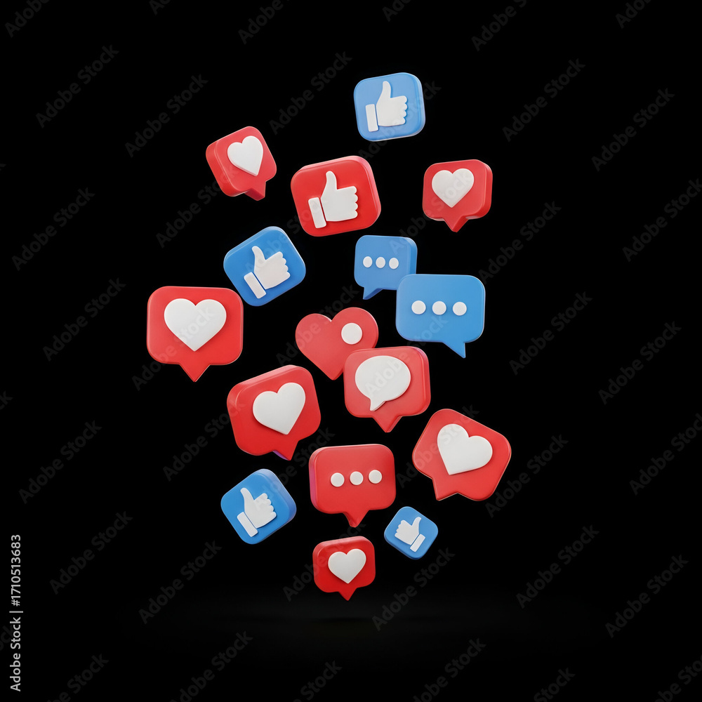 Naklejka premium 3d illustration of a cascade of social media notification icons, including likes, hearts, and chat bubbles, on a black background