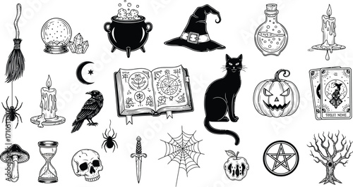 Collection of mystical and halloween themed objects isolated on white background