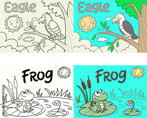 Happy eagle on a tree branch, cute frog on a lily pad in a pond, coloring page for kids