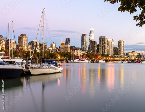 City skyline reflected in calm harbor at twilight