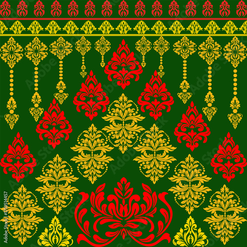 Classic Damask Seamless
Pattern - Vector Illustration for Elegant Textile
Design,Damask,Jacquard loom, Brocade, Satin weave,ethnic, geometric, textile, fabric, motif, retro, 