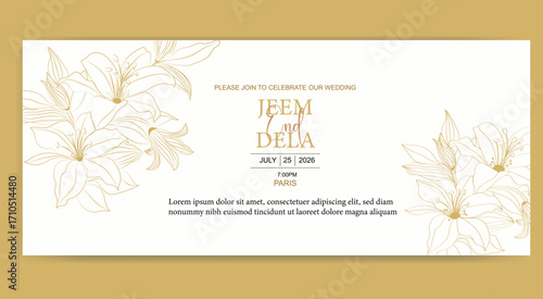Elegant Floral Banner, Wedding Invitation with Golden Lily Outlines