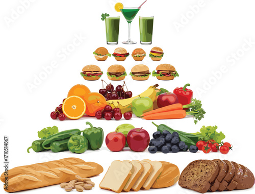 Food pyramid with bread, fruits, vegetables, burgers, and drinks—healthy eating concept for nutrition education and balanced diet awareness