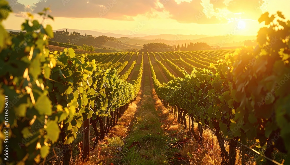 Fototapeta premium Scenic Vineyard at Golden Hour with Rows of Grapevines Rolling Hills and Warm Sunlight