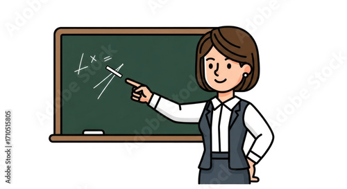 Teacher Explaining Math on Chalkboard with Pointer in Classroom Setting.