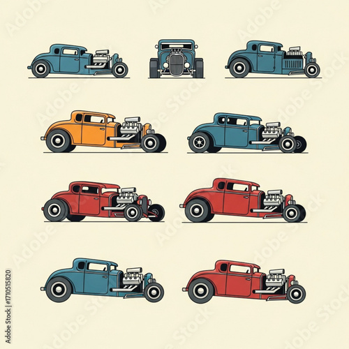 Collection of classic hot rod cars in various colors, showcasing different angles and perspectives on a cream background.