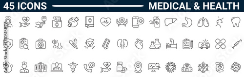 Medical & Healthcare line editable icon set. Containing medical, pharmacy, cardiology, doctor, nurse, insurance, test tube, etc. Editable stroke. Vector illustration