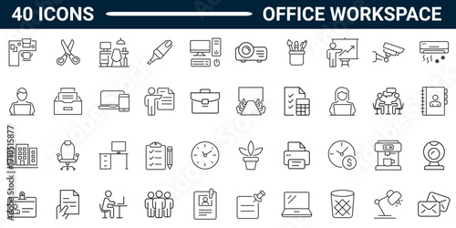 Office workspace line icon set. Includes Office, remote working, meeting, co-worker, workspace, desk, computer. Editable stroke. Vector illustration