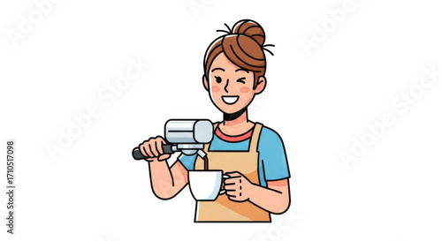 Smiling barista making coffee with espresso machine pouring into cup.