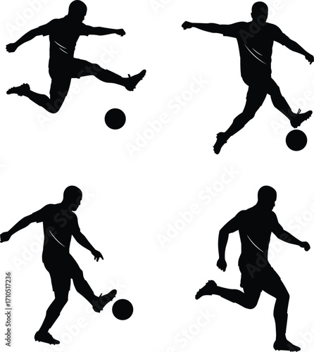 PrintSilhouette of soccer player kicking ball and running, football action vector illustration, athletic man playing soccer, sports motion poses