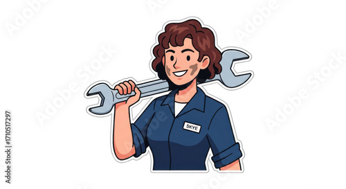 Cartoon illustration of a smiling female mechanic holding a large wrench.