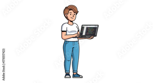 Cartoon illustration of a young person standing with a laptop.
