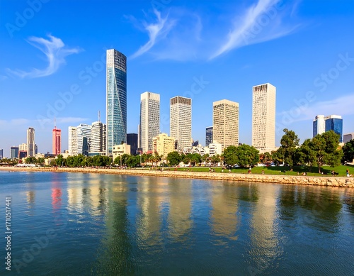 City skyline reflected on water
