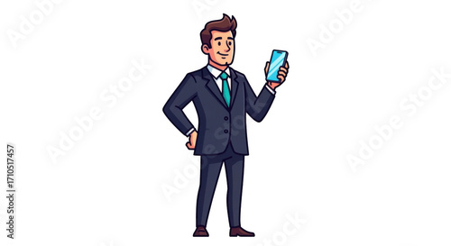 Smiling Businessman in a Suit Holding a Smartphone Illustration.