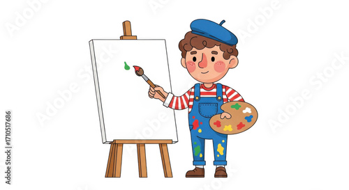 Young artist painting on easel with palette.