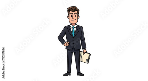Cartoon businessman standing confidently with a folder in hand.