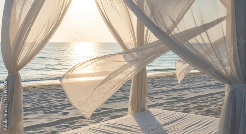 Beach scene with billowing white curtains sandy shore and ocean with sunlight reflecting on the water