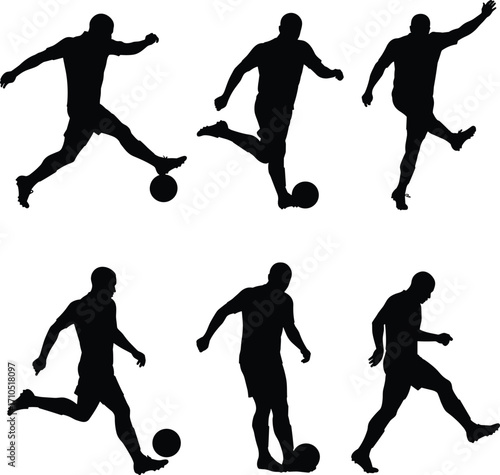 PrintSilhouette of soccer player kicking ball, dribbling and running, football action vector illustration, athletic man playing soccer game