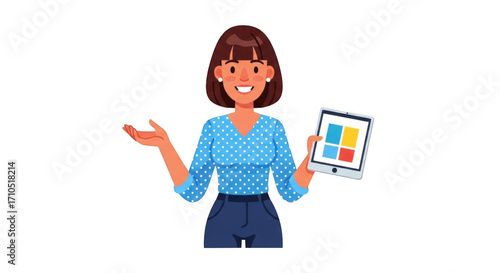 Woman presenting with tablet showcasing data analysis and information.