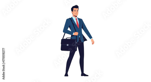 Stylish businessman in a blue suit walking with a briefcase.