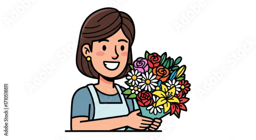 Woman holding a bouquet of flowers smiling happy cheerful floral arrangement.