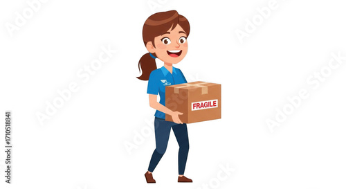 Smiling woman courier carrying a fragile package for delivery service.
