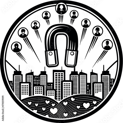 Horseshoe magnet attracting people over cityscape with hearts figures silhouettes