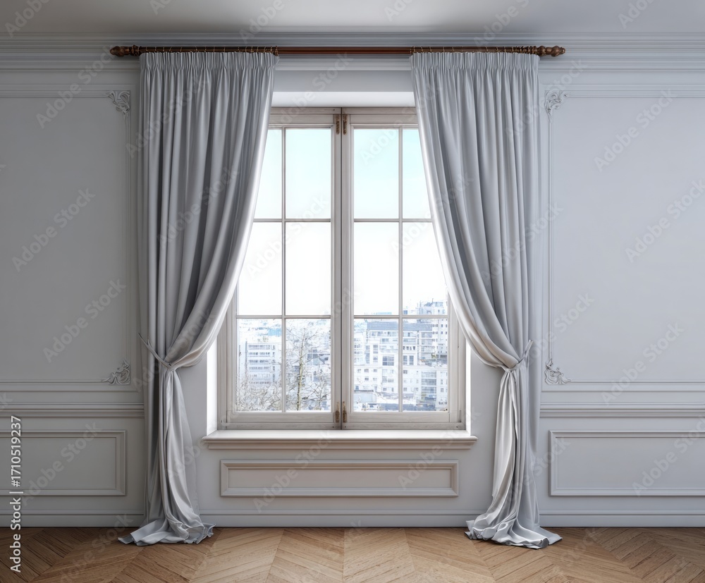 Fototapeta premium A light-gray window draped with elegant curtains in a stately interior room.