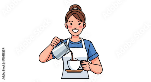 Woman pouring milk into coffee cup focused on preparing a beverage barista style attentive and smiling preparing a drink.