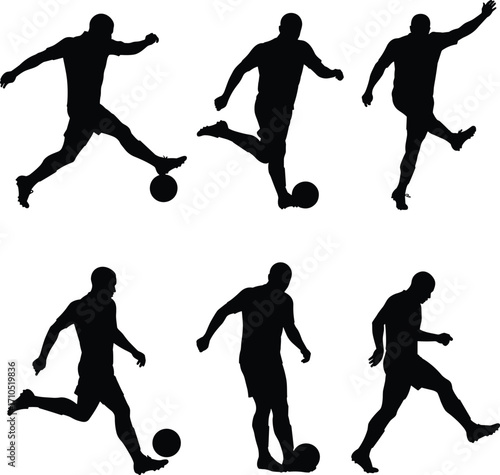 PrintSilhouette set of soccer players kicking and controlling ball, football action poses, vector illustration of athletic men playing sport