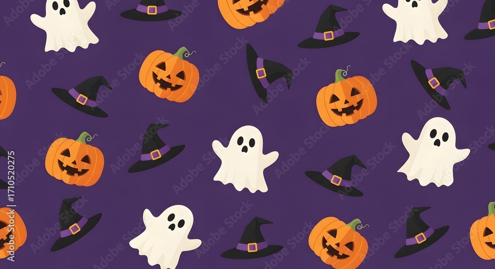 Fototapeta premium Spooky Season Jack OLanterns Friendly Ghosts And Witch Hats Dance Across APurple Background Creating AFestive Halloween Design