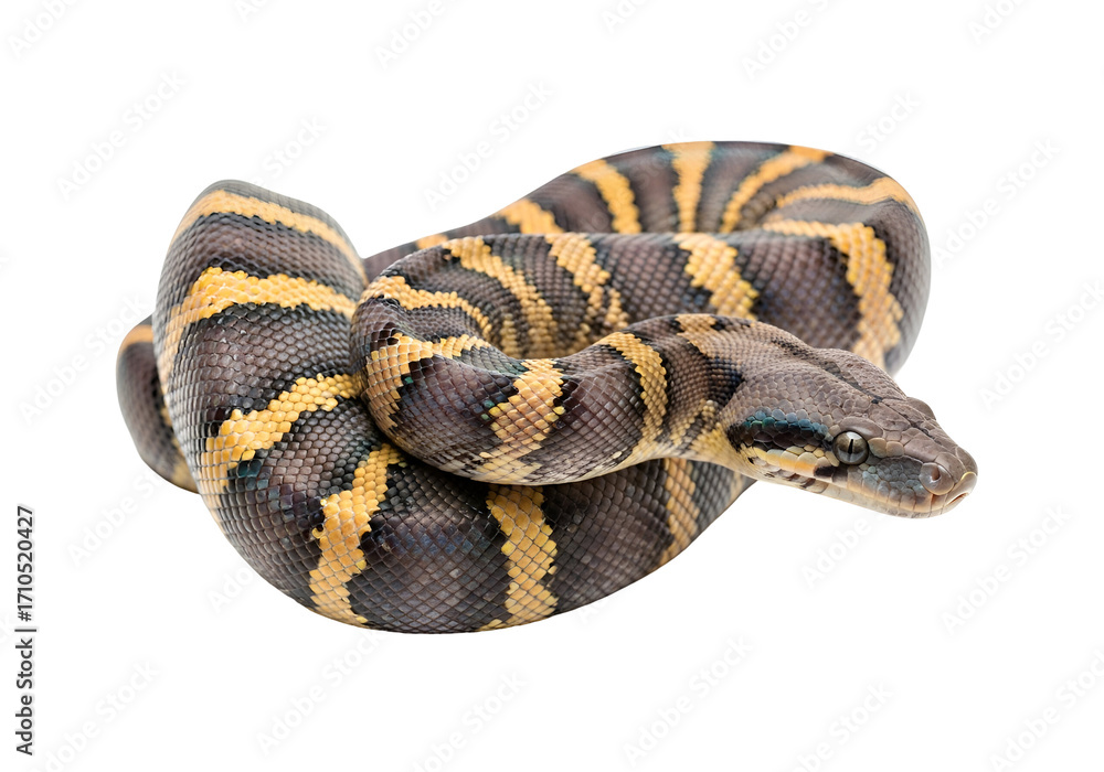 Obraz premium A close-up shot showcases a captivating snake, coiled and presented against a stark black background. The serpent's intricate patterns of dark brown and yellowish-tan scales are vividly displayed.