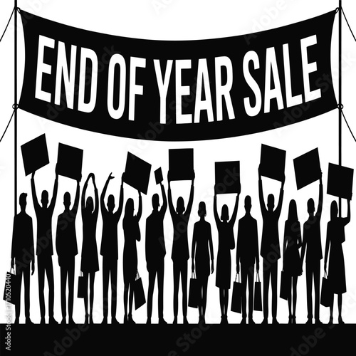 Excited shoppers celebrate a massive end-of-year sale event, holding blank signs and shopping bags, creating buzz for incredible discounts and deals.