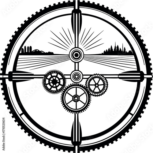 Industrial landscape gears and sunburst emblem cogwheels silhouette