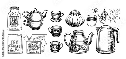 Hand-Drawn Illustration of Ceramic Teapot with Teacup and Saucer – Elegant Vintage Style Artwork	