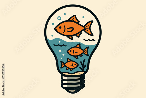 Fish swimming inside a lightbulb filled with water and plants on a beige background copy space