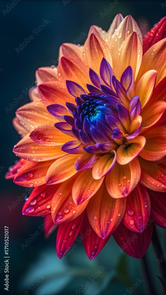 Obraz premium Colorful Dahlia Flower In Full Bloom With Vibrant Orange Red And Purple Petals Covered With Fresh Water Droplets