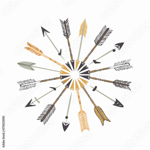 A set of decorative arrow mandala vector illustrations arranged in radial symmetry. Perfect for boho, tribal, ethnic, and geometric design projects, suitable for backgrounds, patterns, crafts, or bran