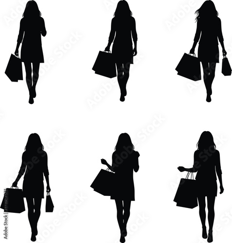 PrintSilhouette women walking with shopping bags carrying purchases fashion lifestyle illustration black vector design concept of retail store sale shopping