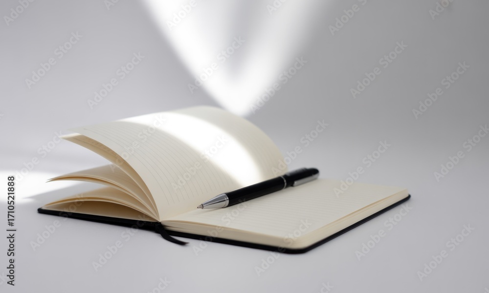 Naklejka premium Open notebook with pen, bathed in light