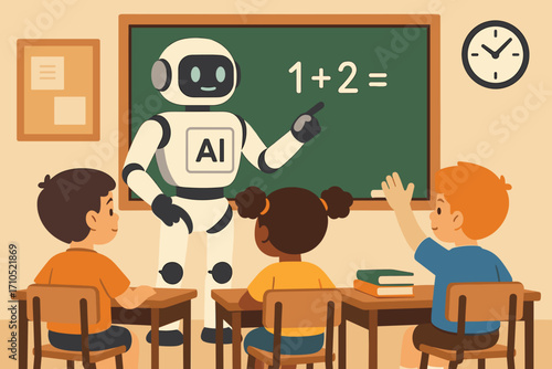 Robot teacher instructing students at a classroom with a chalkboard displaying an equation copy space