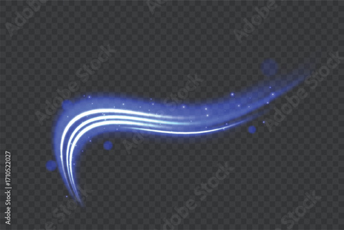 A blue, glowing, curved line, glowing with tension and motion blur on a transparent background. Adapted for fantasy combat, game design, sword effects