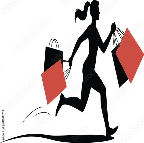A dynamic woman enthusiastically running with shopping bags 