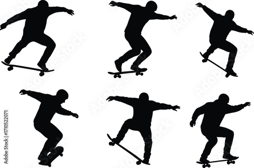 PrintSkateboarder silhouette performing tricks, urban sport action, skateboarding jumps, street skating, extreme sport, dynamic movement, skateboard tricks vector