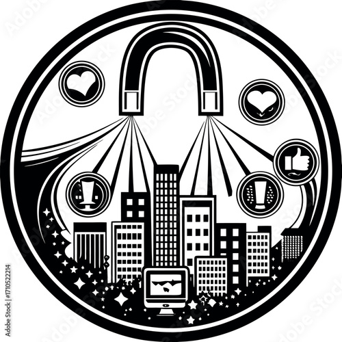 Magnet attracting hearts likes and buildings attraction city