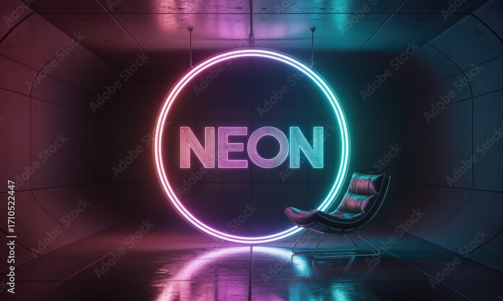 Obraz premium Neon sign in a futuristic, dimly lit space with a comfortable chair