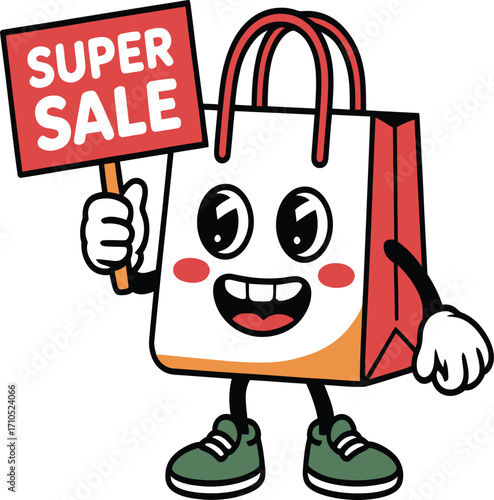 Excited shopping bag character enthusiastically waving a super sale sign, perfect for advertising promotions and driving customer engagement with its vibrant, playful design.